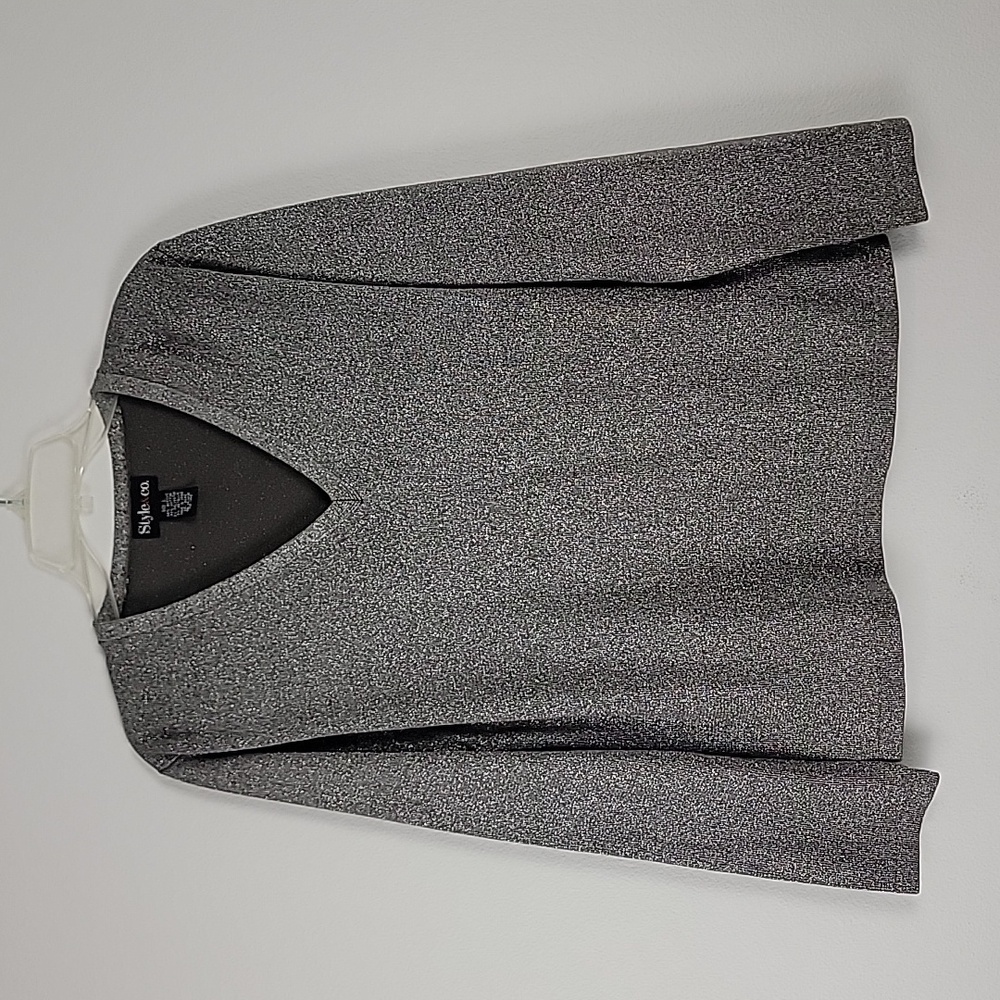 Style & Co. Silver Sparkly Gray Variegated Knit V-Neck Long Sleeve Women L